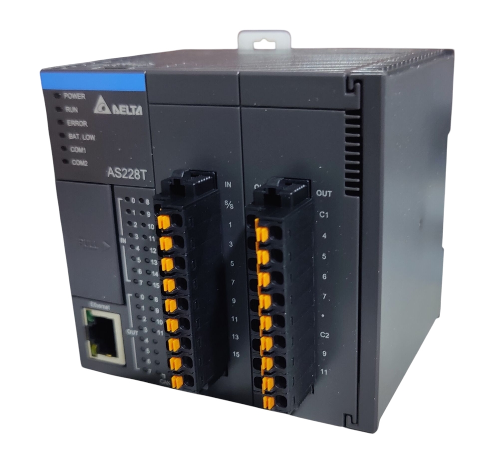 Delta AS228T-A PLC – AS200 serisi CPU, 16 dijital giriş / 12 transistör (NPN) çıkış
