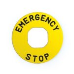 EMAS BET90P plastik acil stop etiketi – 90 mm sarı, EMERGENCY STOP baskılı
