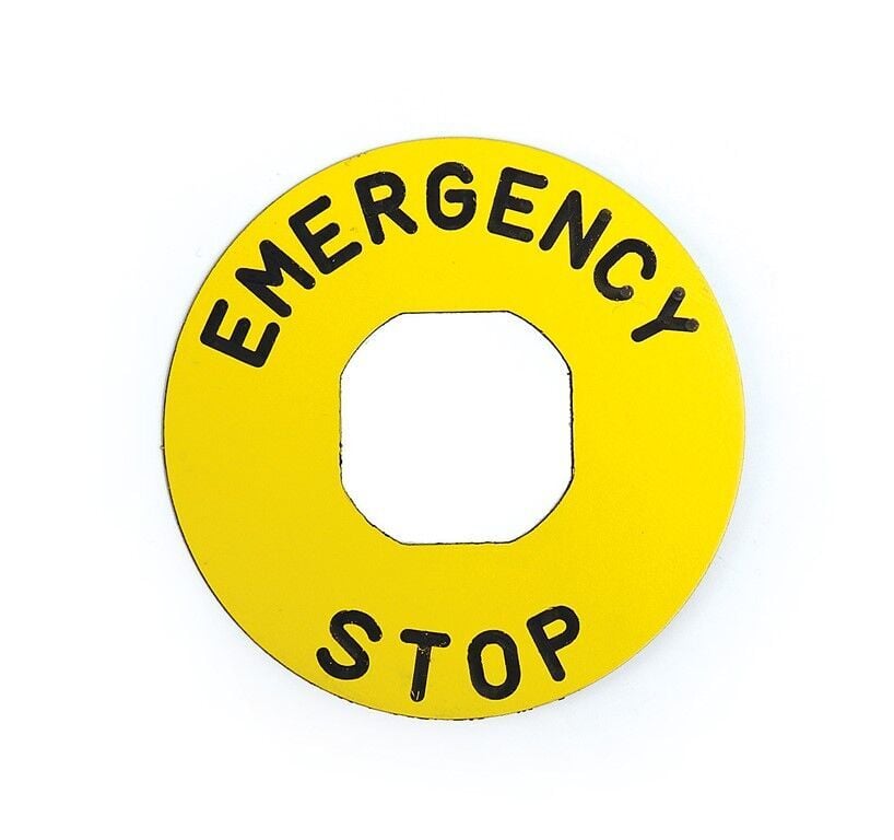 EMAS BET90P plastik acil stop etiketi – 90 mm sarı, EMERGENCY STOP baskılı