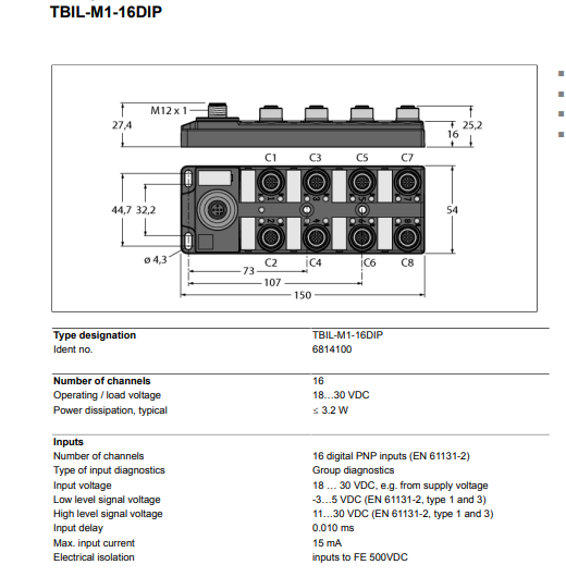Turck TBIL-M1-16DIP IO-Link G/Ç Hub – 16 Dijital PNP Girişli Sensör Modülü (6814100)