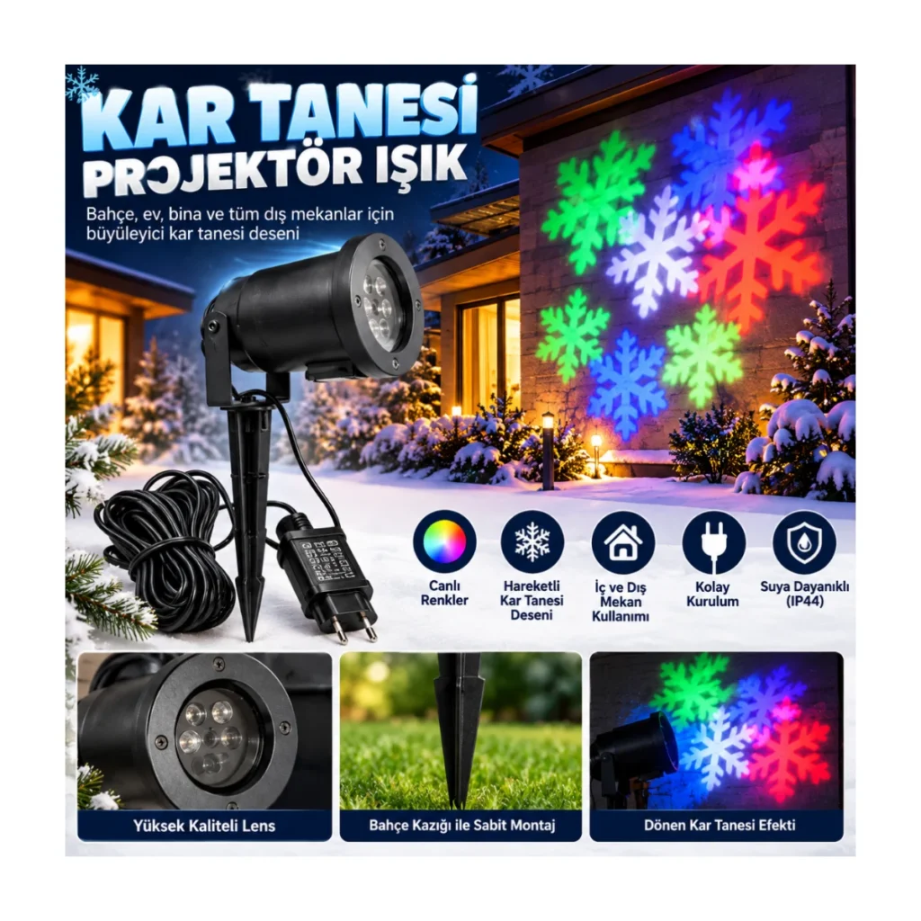 Kar Tanesi Projektör Işığı – Dönen Desenli, Renkli LED, 14V DC